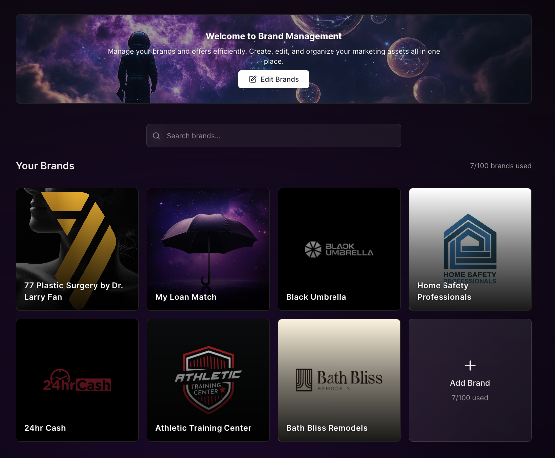 Black Umbrella Brand Hub interface showing centralized brand management for consistent AI-generated marketing campaigns
